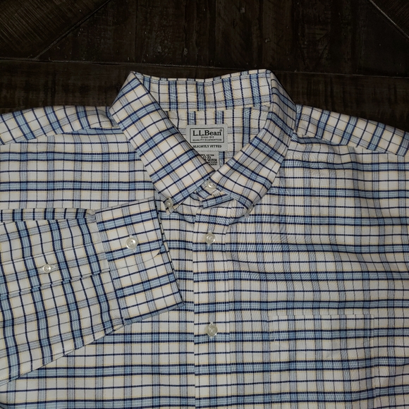 LL Bean 17-35 Slightly Fitted Long Sleeve Blue White Mens Button Shirt Exc Shape - Picture 2 of 5